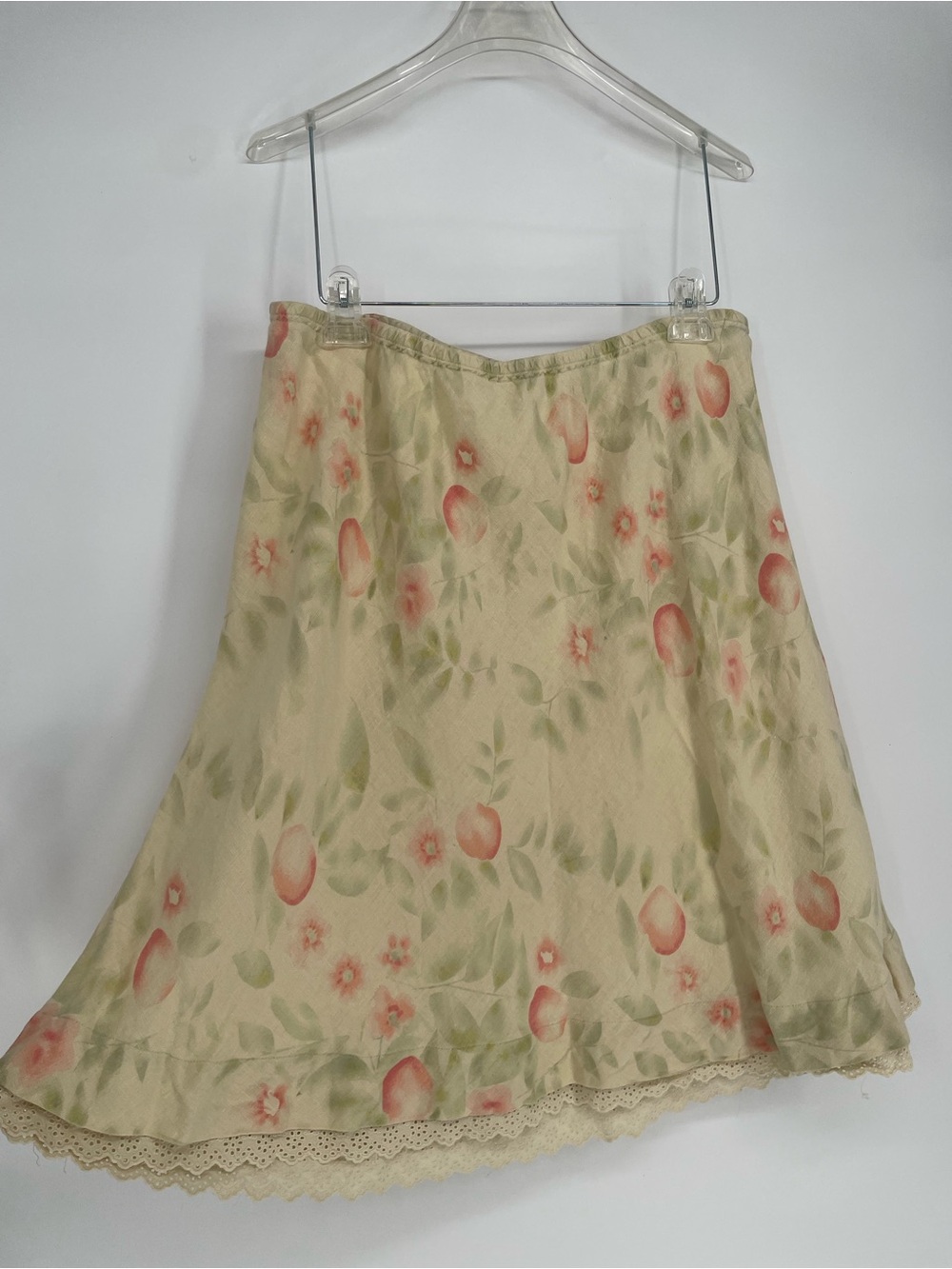 J. Jill 100% Linen Pastel Floral Cottagecore Skirt Eyelet Lace Hem Elastic Waist